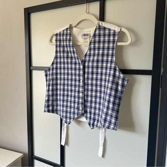 [L] Vintage Spring Blue & White Checker Tie Back Bow Button Down Cotton Vest - Picture 3 of 13